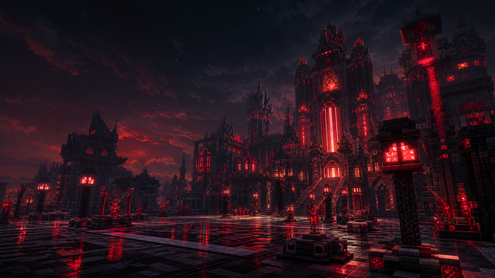 Dark block-built city glowing with red light at night